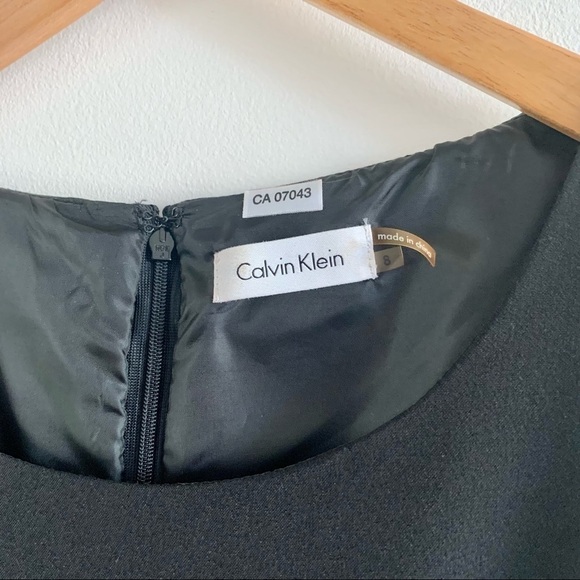 CALVIN KLEIN Simple Cap Sleeve Peplum Skirt Jewel Neck Black Midi Dress Stretch - Picture 5 of 15